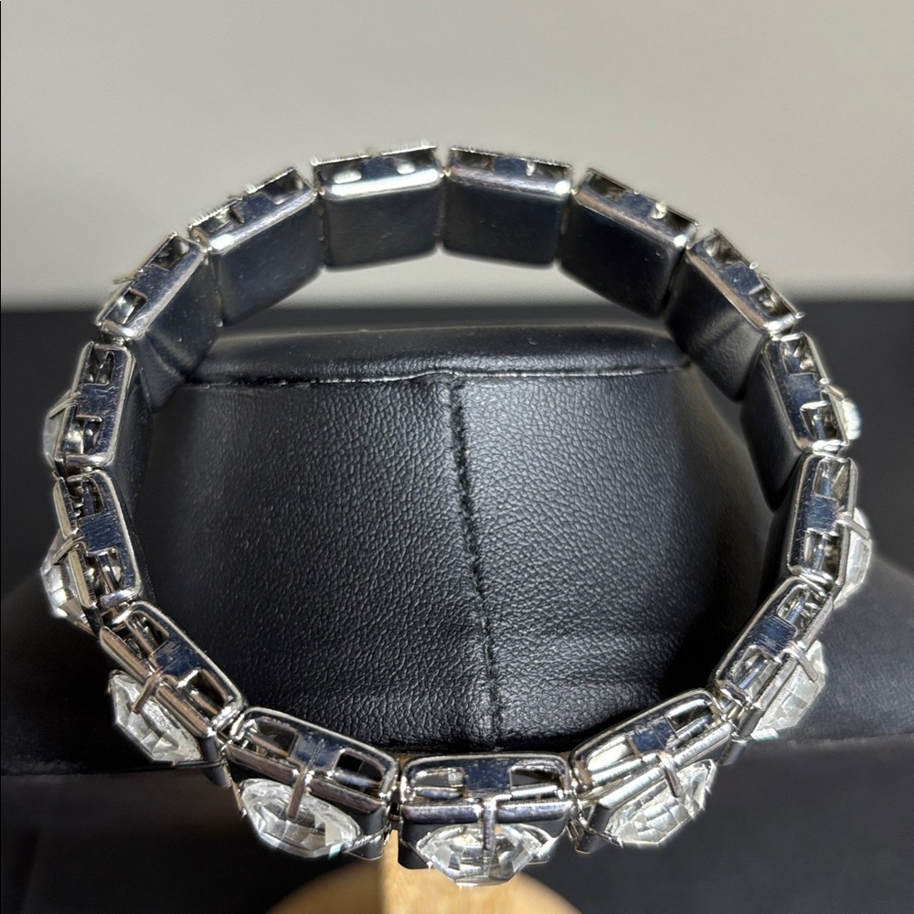Silver Tone Bangle Bracelet with Clear Gemstones - Picture 3 of 6